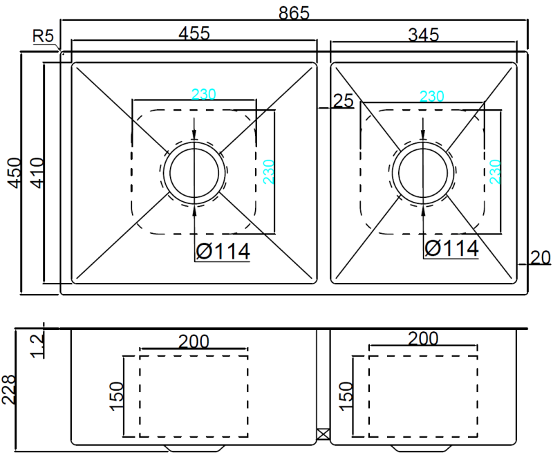 Abagno Under-Mount Double Bowl Kitchen Sink SR-8645A